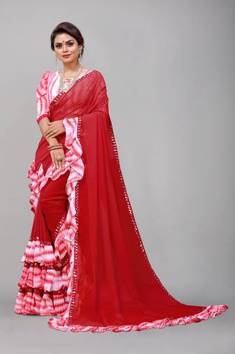 Georgette sibori print ruffle saree with blouse piece