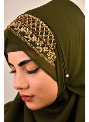 Mehandi green luxury bridal wedding wear hijab scarf   with handwork 1