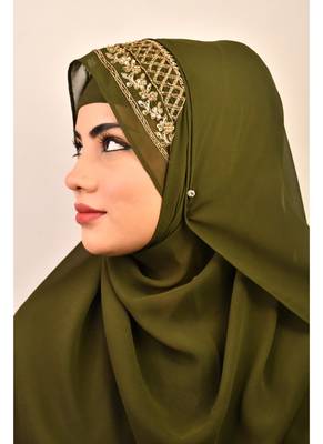 Mehandi green luxury bridal wedding wear hijab scarf   with handwork 3
