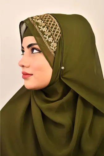 Mehandi green luxury bridal wedding wear hijab scarf   with handwork