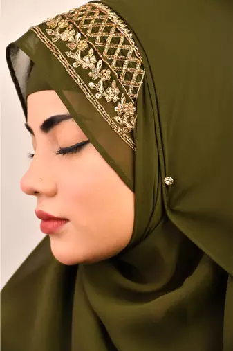 Mehandi green luxury bridal wedding wear hijab scarf   with handwork