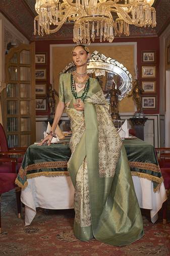 Tussar silk digital print zari border light green contemporary saree