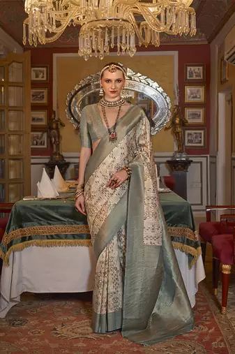 Tussar silk digital print zari border grey contemporary saree