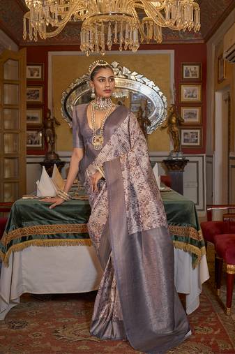 Tussar silk digital print zari border purple contemporary saree