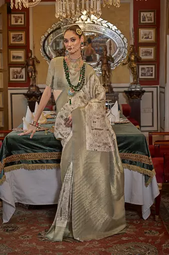 Tussar silk digital print zari border light olive contemporary saree