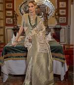 Tussar silk digital print zari border light olive contemporary saree