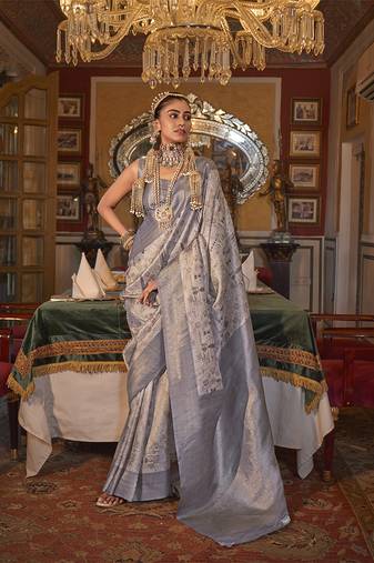 Tussar silk digital print zari border light grey contemporary saree