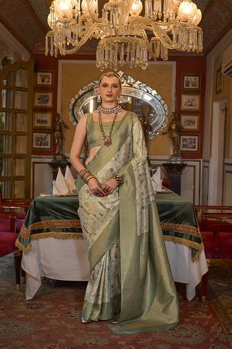 Tussar silk digital print zari border light green contemporary saree