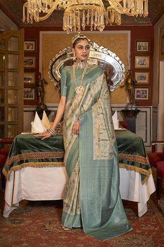 Tussar silk digital print zari border light turquoise contemporary saree