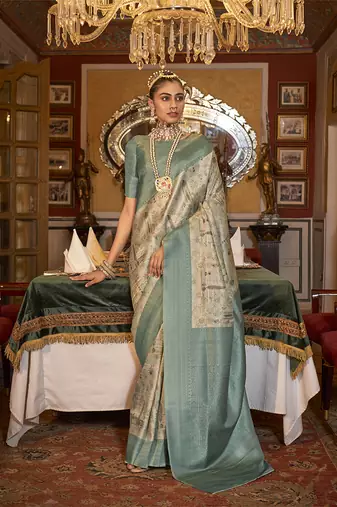 Tussar silk digital print zari border light turquoise contemporary saree