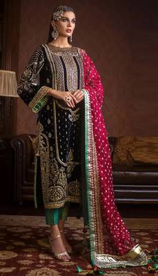 Black embroidered 9000 velvet semi stitched salwar suit 1