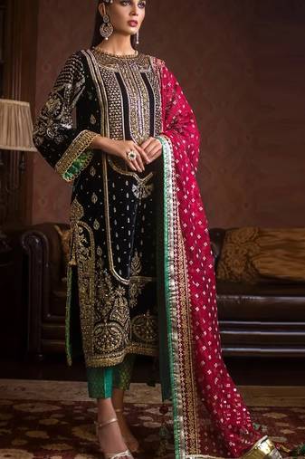 Black embroidered 9000 velvet semi stitched salwar suit