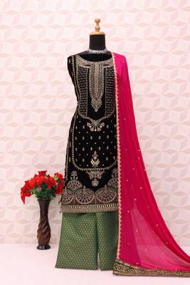 Black embroidered 9000 velvet semi stitched salwar suit 3