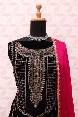 Black embroidered 9000 velvet semi stitched salwar suit 4