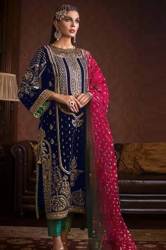 Navy blue embroidered 9000 velvet semi stitched salwar suit