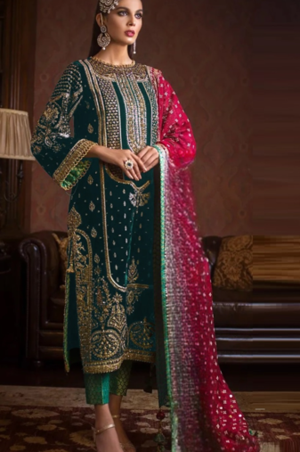 Green embroidered 9000 velvet semi stitched salwar suit