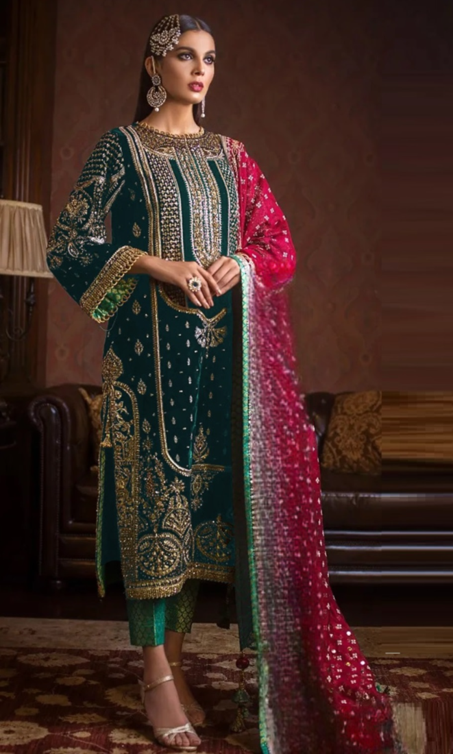 Green embroidered 9000 velvet semi stitched salwar suit