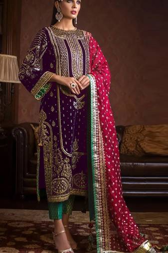 Purple embroidered 9000 velvet semi stitched salwar suit