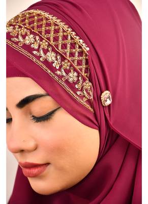Majenta luxury bridal wedding wear hijab scarf   with handwork 4