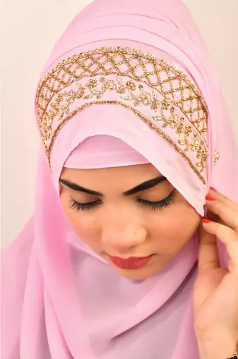 Baby pink luxury bridal wedding wear hijab scarf   with handwork