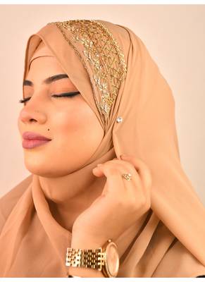 beige bridal hijab with handwork 4