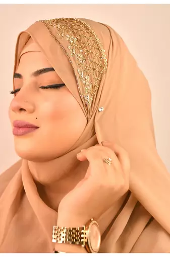 beige bridal hijab with handwork
