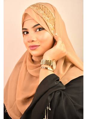 beige bridal hijab with handwork 2
