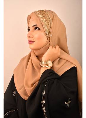 beige bridal hijab with handwork 5