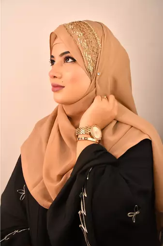 beige bridal hijab with handwork