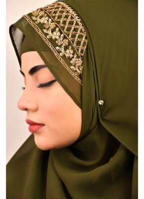 Mehandi green luxury bridal wedding wear hijab scarf   with handwork 5