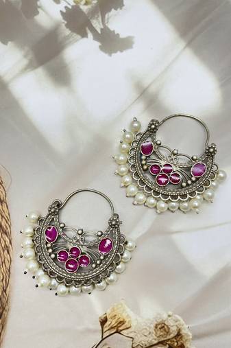 Pearl meena hoop oxidised chandbali earrings indian jewellery earrings gifts for her chandeliers oxidised