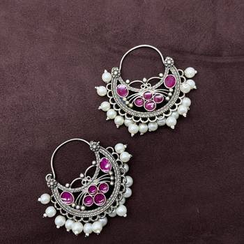Pearl meena hoop oxidised chandbali earrings indian jewellery earrings gifts for her chandeliers oxidised 3