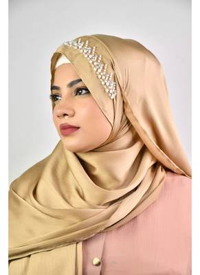 Gold Satin Wedding Hijab with Pearl Embellishments 3