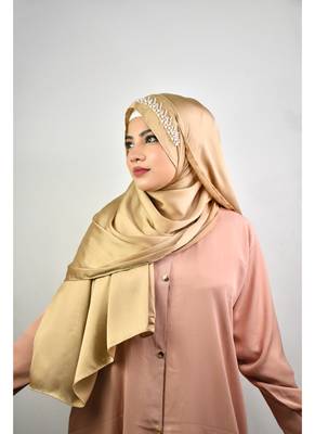 Gold Satin Wedding Hijab with Pearl Embellishments 4