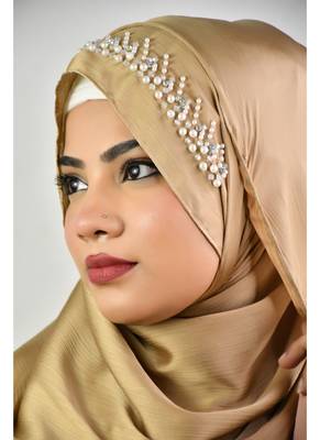 Gold Satin Wedding Hijab with Pearl Embellishments 5
