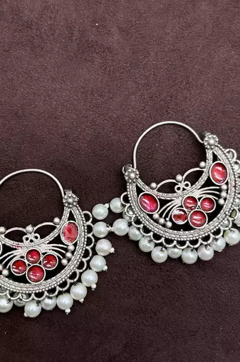Pearl meena hoop oxidised chandbali earrings indian jewellery oxidised earrings chandeliers