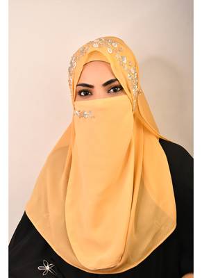 Golden luxury bridal wedding wear hijab scarf   with handwork naqab 2