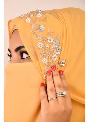 Golden luxury bridal wedding wear hijab scarf   with handwork naqab 4