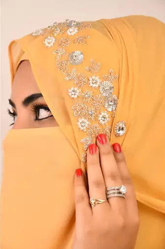 Golden luxury bridal wedding wear hijab scarf   with handwork naqab