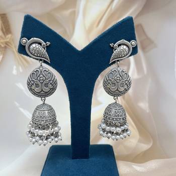 Long silver jhumka jhumki peacock pearl drop earrings oxidized german silver jewelry gifts for her partywear 1