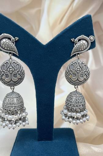 Long silver jhumka jhumki peacock pearl drop earrings oxidized german silver jewelry gifts for her partywear