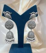 Long silver jhumka jhumki peacock pearl drop earrings oxidized german silver jewelry gifts for her partywear
