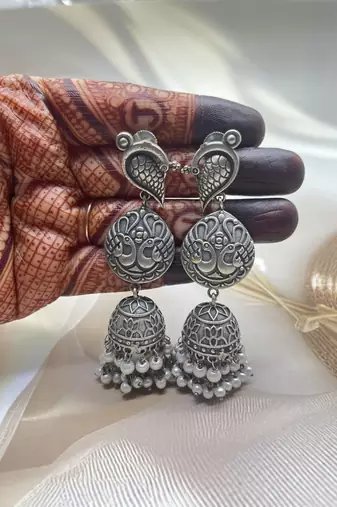 Long silver jhumka jhumki peacock pearl drop earrings oxidized german silver jewelry gifts for her partywear