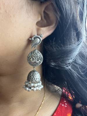 Long silver jhumka jhumki peacock pearl drop earrings oxidized german silver jewelry gifts for her partywear 3