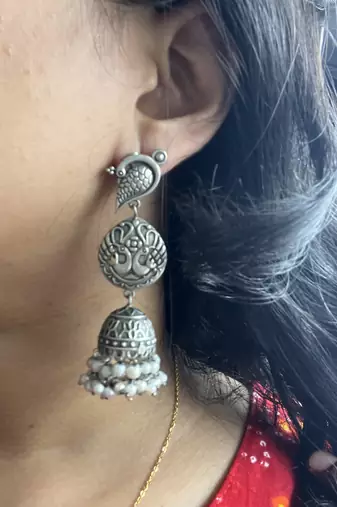 Long silver jhumka jhumki peacock pearl drop earrings oxidized german silver jewelry gifts for her partywear