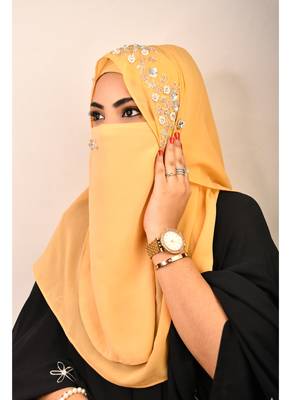 Golden luxury bridal wedding wear hijab scarf   with handwork naqab 5