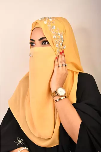 Golden luxury bridal wedding wear hijab scarf   with handwork naqab