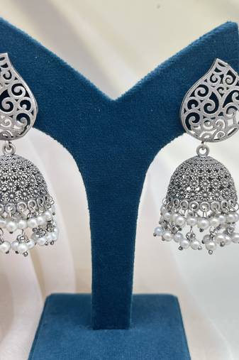 German silver antique jhumka jhumki pearl drop earrings-indian oxidized silver look alike traditional jewelry