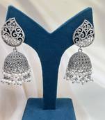 German silver antique jhumka jhumki pearl drop earrings-indian oxidized silver look alike traditional jewelry