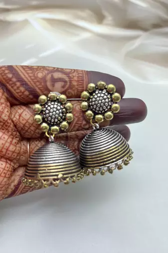 Floral oxidised dual tone jhumka earrings silver gold  earrings jhumka jhumkis ethnic earrings indian traditional jhumka